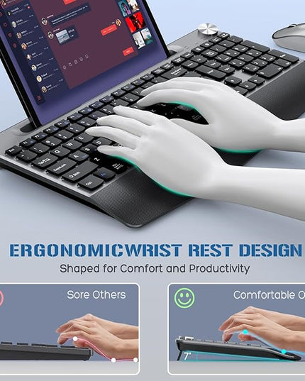 JOYACCESS Wireless Keyboard and Mouse, Ergonomic Wireless Keyboard with Wrist Rest and Phone Holder, Quiet Computer Mouse for Mac PC Laptop-Black Grey