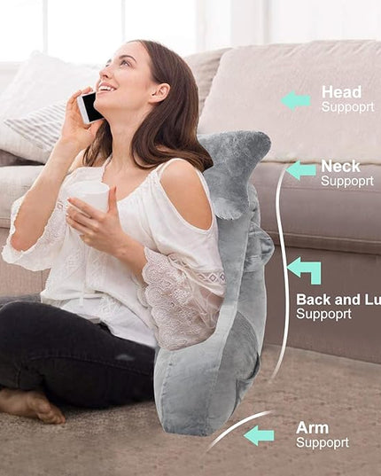 SLIGUY Reading Pillow for Sitting in Bed Couch Adult, Back Pillow with arm Support and Pockets, Adult Back Pillow Bed Chair for Bed Rest, Reading, Watching TV, Gaming for Boys and Girls Light Grey