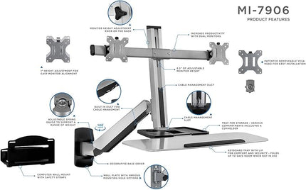 Mount-It! Sit Stand Dual Monitor Wall Mount Workstation & Stand Up Computer Station with Articulating Keyboard Tray Arm and CPU Holder