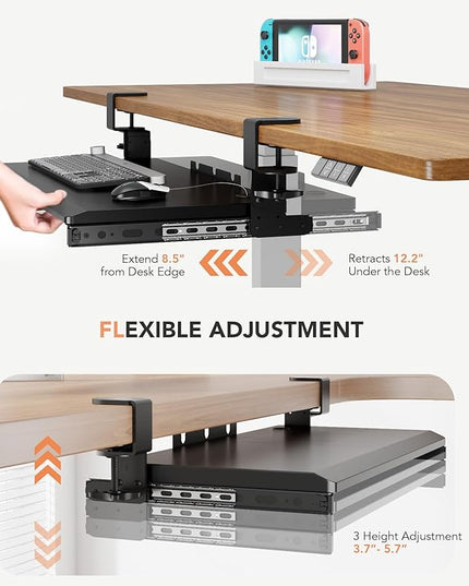 Hemudu Keyboard Tray Under Desk Pull Out with Extra Sturdy C Clamp Mount System, 27.3 (32.5 inch Including Clamps) x 11 Inch Slide-Out Platform Computer Drawer for Typing Black