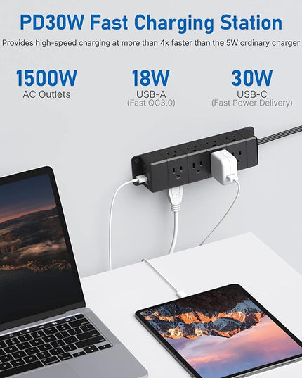 30W USB C Power Strip Surge Protector,Ultra Thin Flat Plug Power Strip 4 Side 12 Outlets,1 PD Fast Charing,2 USB-C, 2 USB-A(4 USB Total 40W),6ft Slim Extension Cord,16 in 1 Desk Power Bar,1200J Black