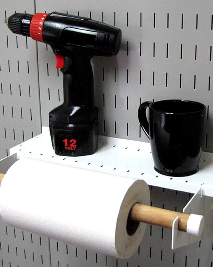 Wall Control Paper Towel Holder and Dowel Rod Pegboard Shelf Assembly for Wall Control Pegboard and Slotted Tool Board - White