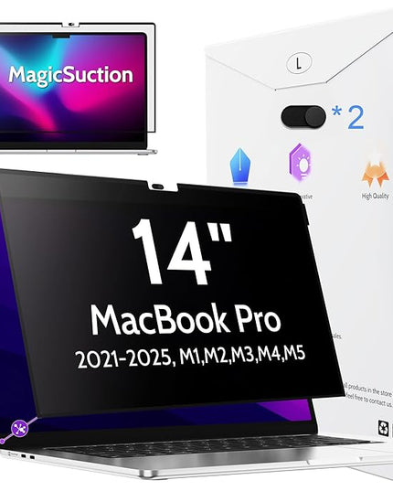 Peslv Privacy Screen for MacBook Pro 14 Inch (2021-2025, M1, M2, M3, M4, M5), MagicSuction™ Removable Anti Spy Black Protector, Glare Blue Light Filter for Mac Laptop Computer