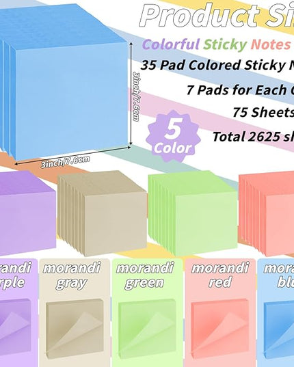 35 Pack Sticky Notes Bulk 3 x 3 In Self Stick Notes Pads Colorful Posted Note in 5 Morandi Pastel Colors Adhesive Paper Memo 75 Sheets/Pad Easy to Post for Office Home School Notebook Wall Door Window