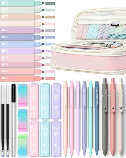 Four Candies 39 PCS Aesthetic School Supplies with Cute Pen Case, 12 Pastel Highlighters, 5 Black Ink Gel Pens, 6 Mechanical Pencils Set for Students Stationary College Essentials (Pink)