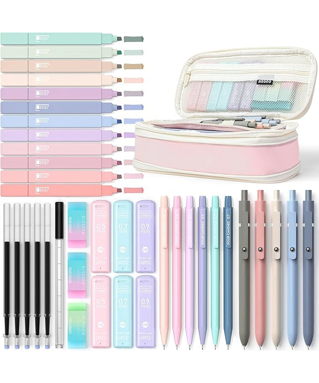 Four Candies 39 PCS Aesthetic School Supplies with Cute Pen Case, 12 Pastel Highlighters, 5 Black Ink Gel Pens, 6 Mechanical Pencils Set for Students Stationary College Essentials (Pink)