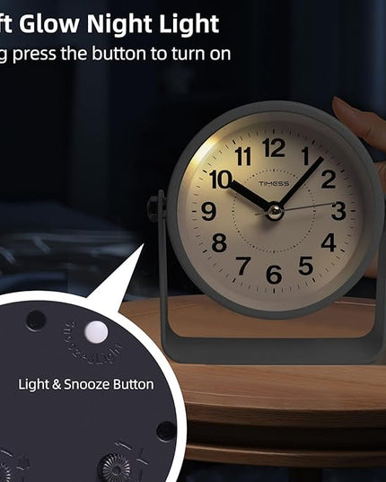 TIMESS Analog Alarm Clock, Silent Non-Ticking Quartz Movement, Battery-Operated with Snooze & On-Demand Light, Easy to Set Gentle Wake Bedside Desk Clock, Ideal for Home, Travel, Office (White)