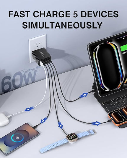 [2-Pack] USB C Wall Charger, 60W Type C Charger Block 5-Port Fast Charging Blocks,3USB C+2USB A Multiport Plug,PD Power Adapter Brick Cube for iPhone 17/16/15/14/13/Pro,iPad,Samsung,for Switch（Black）
