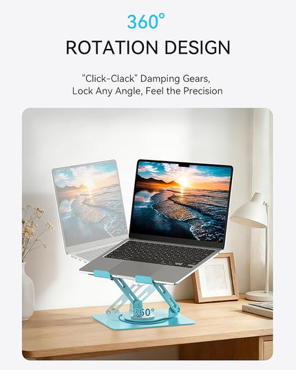 SOUNDANCE Laptop Stand with 360° Rotating Base, Ergonomic Computer Riser for Desk, Adjutable Height Muti-Angle, Foldable Laptop Mount, Stable Metal Holder Support 10-15.6" Notebook PC, Blue