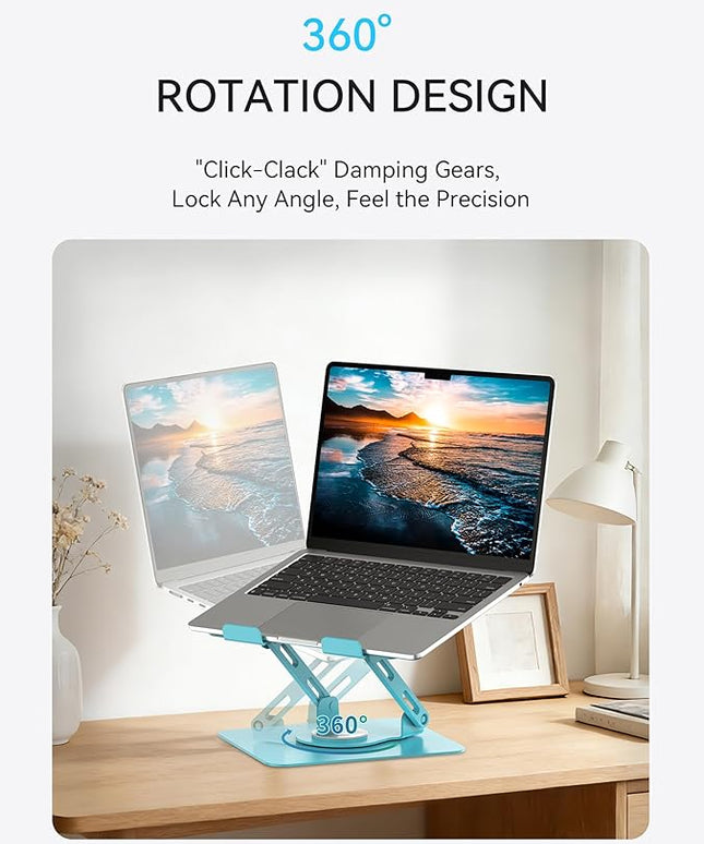 SOUNDANCE Laptop Stand with 360° Rotating Base, Ergonomic Computer Riser for Desk, Adjutable Height Muti-Angle, Foldable Laptop Mount, Stable Metal Holder Support 10-15.6" Notebook PC, Blue