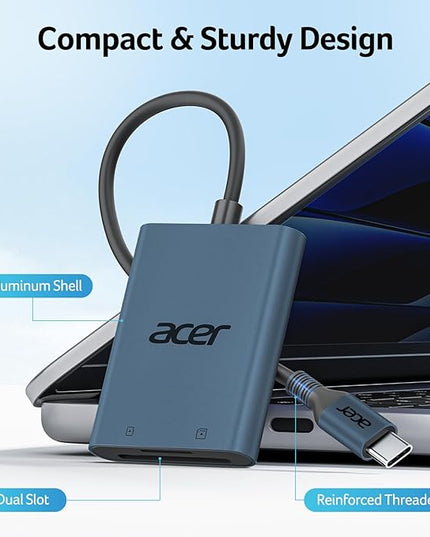 Acer SD Card Reader USB C, Dual Slots Type C to Memory Card Reader, Aluminum Micro SD Card Camera Adapter for MicroSD, SDHC, SDXC, Compatible with iPhone16/15, MacBook, Android, Laptop-Midnight