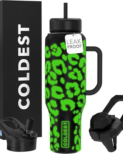 Coldest Tumbler with Handle and Straw, 100% Leak Proof Insulated Tumbler with Lid and Straw (3 Lids), Stainless Steel Tumblers for Women & Men, Cup Holder Friendly, 46 oz (Glowie Leopard)