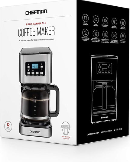 Chefman 12-Cup Programmable Coffee Maker, Electric Brewer, Auto Shut Off, Digital Display w/Auto-Brew Function, Anti-Drip Pot, Reusable Filter for Fresh Grounds, Square Stainless Steel, Glass Carafe