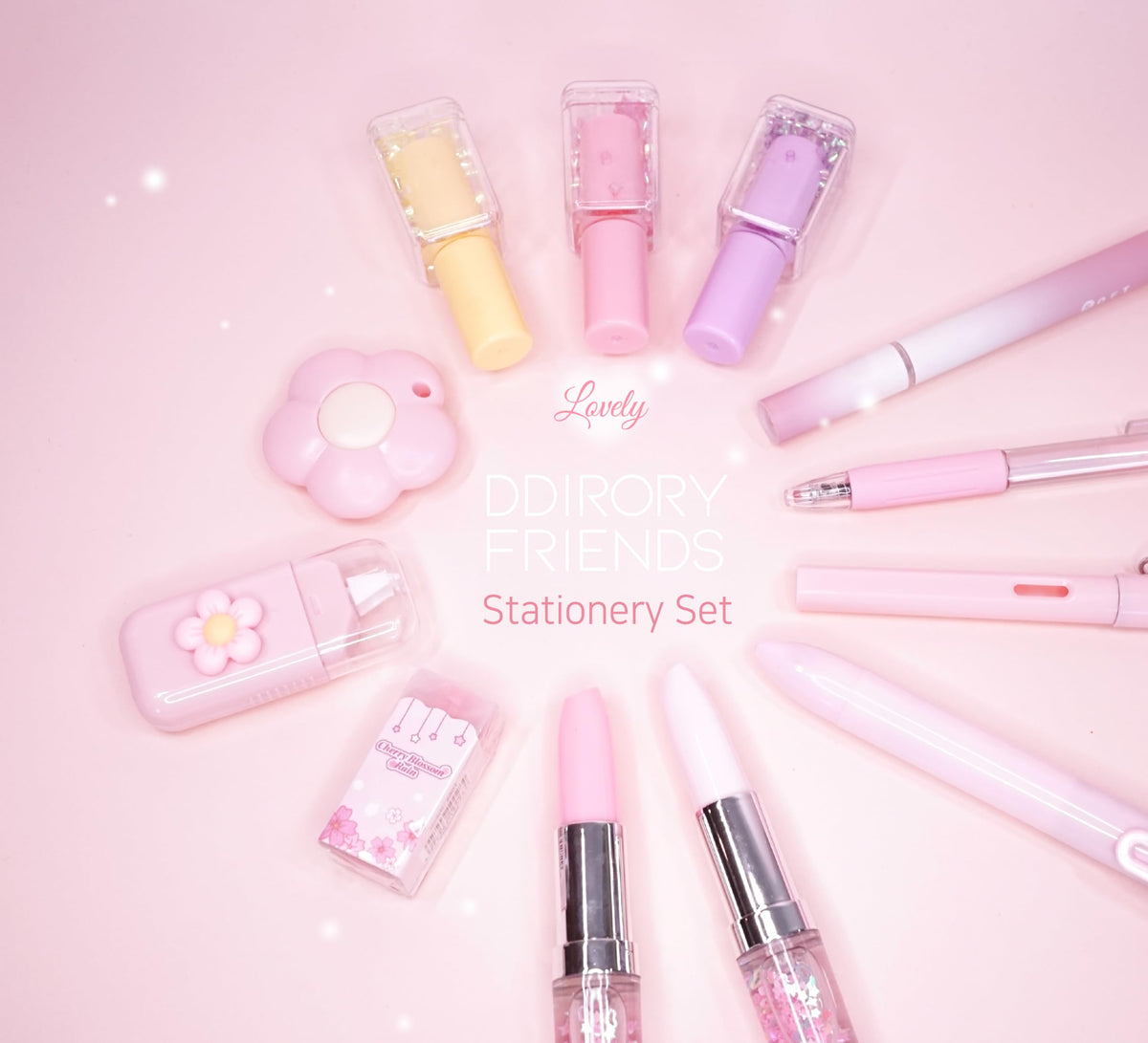 DDIRORY FRIENDS 18 Pcs Cute Pink Stationery Set Aesthetic Makeup Shaped School Supplies Kawaii Office Supplies Kit Highlighters Pens Eraser Everlasting Pencil Sticky Notes Pouch Gift for Girls