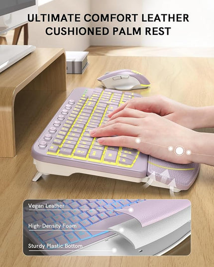 SABLUTE Ergonomic Wireless Keyboard and Mouse Combo - Wave Keyboard with Soft Leather Wrist Rest, Resistant Keys, RGB Backlit Rechargeable Set for PC/Mac/Chromebook (Lavender Purple)