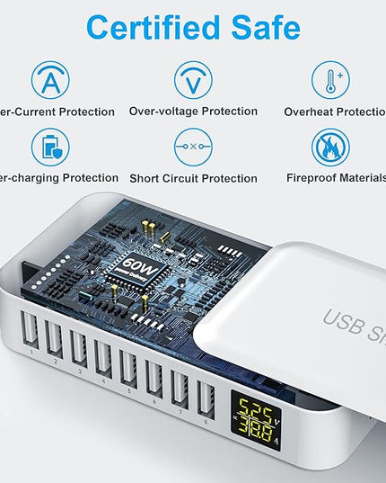 USB Charging Station, Ziwodiv 8-Port 60W/12A Charger Station, Multi Ports USB-A Charging Hub with LED Display, Compact Desktop Charger for Multiple Devices, iPhone iPad Samsung Android and Tablet