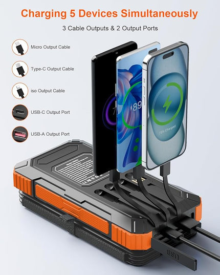 Solar Charger Power Bank 49800mAh with 4 Built-in Cables & 4 Foldable Panels, PD22.5W Fast Portable Phone Charger, External Battery Pack with USB-C in/Output & Flashlight for Outdoor Camping