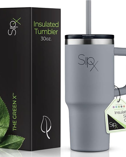 SIPX™ 30 oz Insulated Tumbler with Handle & Straw – Vacuum Insulated Stainless Steel, Leakproof, Cupholder Friendly – Perfect for Iced Coffee, Water & Travel – Grey