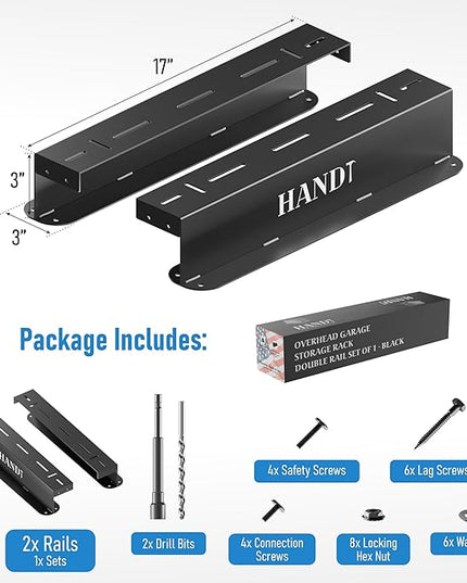 USA Based Overhead Garage Storage Rack, Connectable Heavy Duty Metal Ceiling Rails Garage Storage Organization Shelving System, Hanging Racks Tote Containers, Supports Up To 1 Bin, 1 Set Black