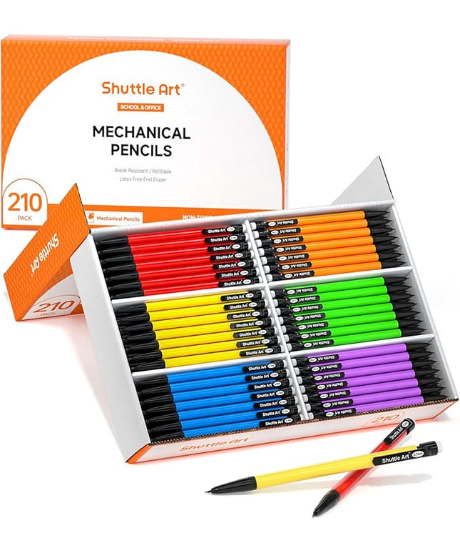 Shuttle Art Mechanical Pencils, 210 Pack Bulk Mechanical Pencils 0.7mm Medium Point, HB #2 Lead, Assorted Barrels, Office School Supplies