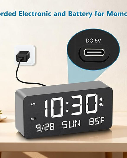 Fomobest Wooden Digital Alarm Clock for Bedroom - Desk Clock with Date, Day of Week, Temperature, Dual Alarms, Dimmer, USB Port Charge, DST, Adjustable Volume for Living Room/Office Wood Decor (Black)