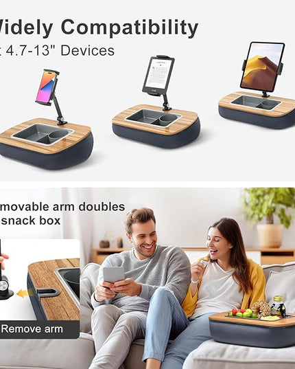 Lap Beanbag Tablet Pillow Stand,Adjustable iPad Holder with Snack Bowl,360° Rotating Clip for 4.7-13" Kindle,Phone,Tablet.Ideal for Hands-Free Reading and Relaxation on Bed,Couch,Recliner,Gray
