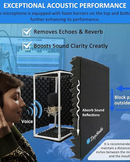 TroyStudio Large Microphone Isolation Shield, Foldable Vocal Booth Reflection Filter, 2 Inches Thick Acoustic Foam Panel Music Sing Podcast Recording Studio Adjustable Sound Box for Desk & Laptop