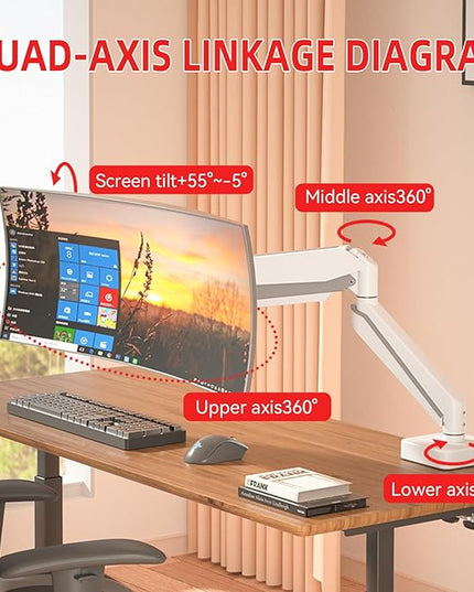 White 42 45 Premium Aluminum Heavy Duty Monitor Arm, Fits Ultrawide up to 49 inches and 44 lbs Single Desk Mount Stand, Pneumatic Height Adjustable, Max VESA 100x100, A9W