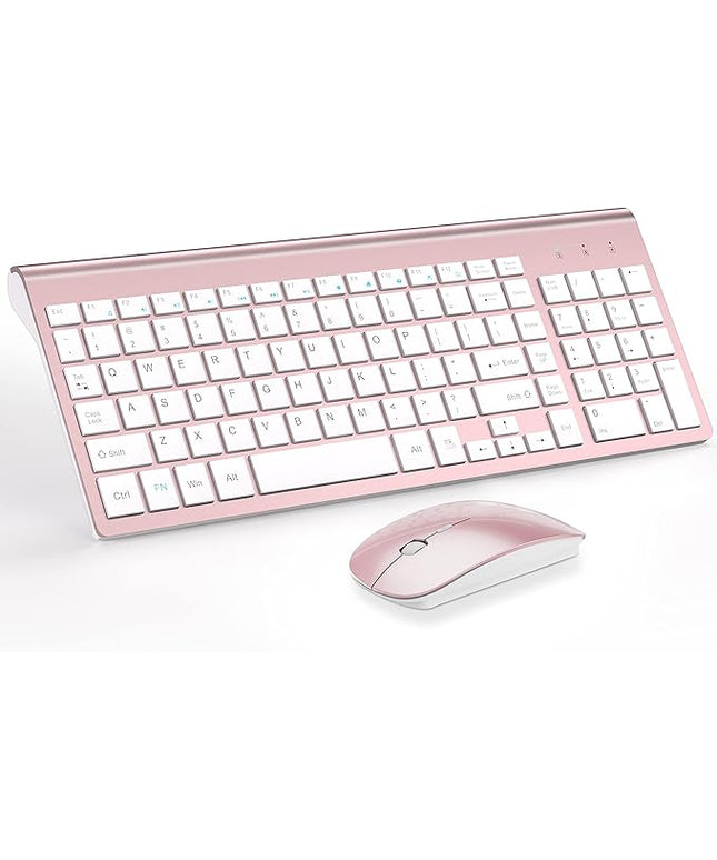 Wireless Keyboard and Mouse Ultra Slim Combo, TopMate 2.4G Silent Compact USB 2400DPI Mouse and Scissor Switch Keyboard Set with Cover, Batteries Included, for PC/Laptop/Windows/Mac - Rose Gold White