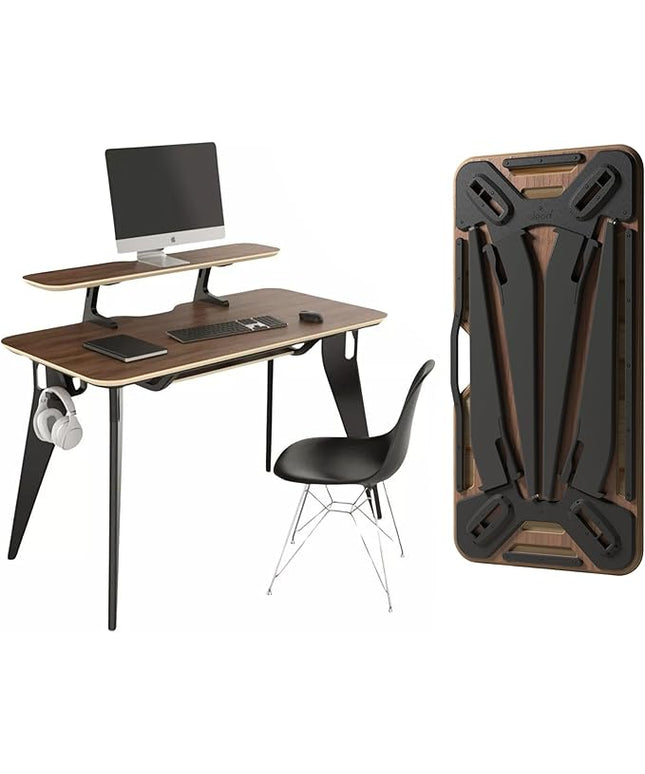 Hoek Folding Desk Bundle, 47.5" x 23", Compact Workstation with Monitor Shelf, Under Shelf, Hook, Quick One-Click Assembly, Portable Home Office Table for Small Spaces and Modern Living (Walnut/Black)