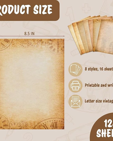 Tlenpo 128PCS Vintage Paper 8.5 x 11 in Double-sided Aged Paper for Writing Letter writing Paper, Decorative Printer Paper for Invitation, Resume, Diploma, Art, Certificate Antique, 8 Designs