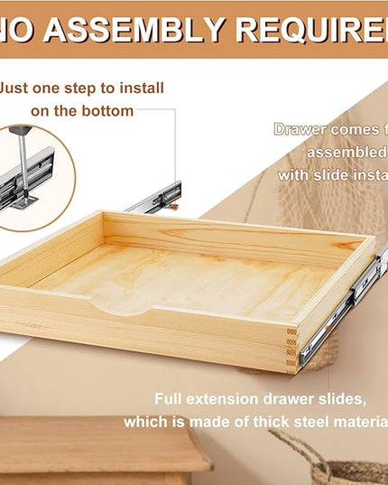 Menkxi 2 Set Pull out Tray Cabinet Organizer Wooden Pull Drawers storage Slide out Pantry Shelf for Base Cabinet Kitchen Gentle Close Fully Assembled Accessories(Wood Color,24'' X 21'' X 3'')