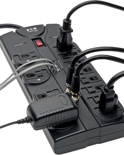 Eaton Tripp Lite TLP1208TELTV Home Theater Surge Protector Power Strip, 12 Outlets, Flat Plug 8ft Extension Cord, 2160 Joules| Coax and RJ11 Ports for Phone Land Line, TV, and WiFi Router Protection