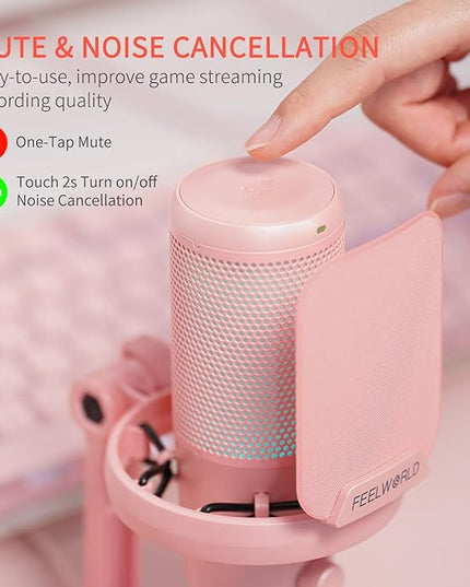 FEELWORLD VM1 Pink Gaming PC USB Microphone Condenser Mic with Noise Cancellation Mute RGB Light, Computer Accessories Gifts for Gamer YouTube Twitch Podcast Streaming Recording Online Chat PS4 PS5