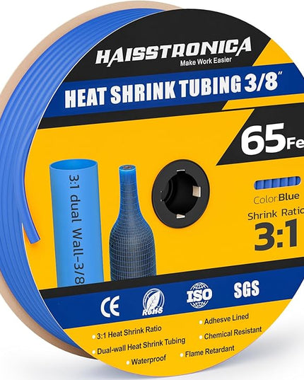 haisstronica 3:1 Heat Shrink Tubing, Shrink Ratio Adhesive Lined Marine Grade Heat Shrink Tube for Home, Automotive and Industrial (Blue) 65FT 3/8inch