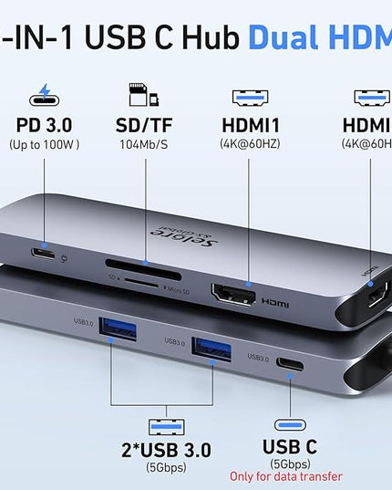 USB C Docking Station Dual HDMI Monitor, USB C to Dual HDMI Adapter with 2HDMI Ports, PD Charging, SD/TF, USB A&C 3.0 Ports, Laptop Docking Station for Dell XPS/HP/Lenovo/Surface/Yoga etc