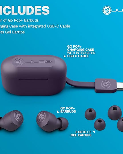 JLab Go Air Pop+ True Wireless Earbuds, in Ear Headphones, Bluetooth Earphones, 35H Playtime Ear Buds, Bluetooth Earbuds with Microphone, USB-C Charging Case, Dual Connect, EQ3 Sound, Violet