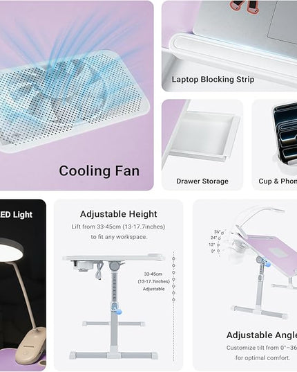 iXTRA Laptop Lap Desk with Cooling Fan - Adjustable Bed Desk with Light, Bed Table with Cup Holder&Phone Holder - Storage Drawer Desk - Folding Bed Desk,Purple,70x45cm