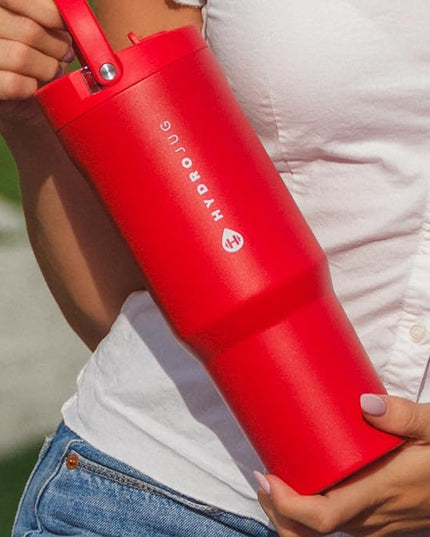 HydroJug Sport - Stainless Steel Tumbler with Straw, Vacuum Insulated, 40oz Leakproof Water Bottle, Ergonomic Design, Reusable, Dishwasher Safe, Rubber Base, Durable for Gym or Outdoors, Alumni Red