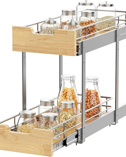 Sikarou Pull Out Cabinet Organizer,Heavy-Duty Slide Out Shelf, Wood and Wire Basket, Pull Out Drawer for for Kitchen Under Sink Space, Pantry, Bathroom, 2 Tie 9 * 21 in
