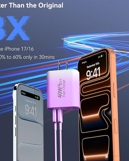 USB C Wall Fast Charger Block, 40W 4-Port Type C Chargers Fast Charging Blocks PD Power Charger Adapter+QC 3.0 USB Multiport Charger Brick for Phone 17/16/15/14/13/12 Pro Max, i-Pad, Galaxy S25-2Pack