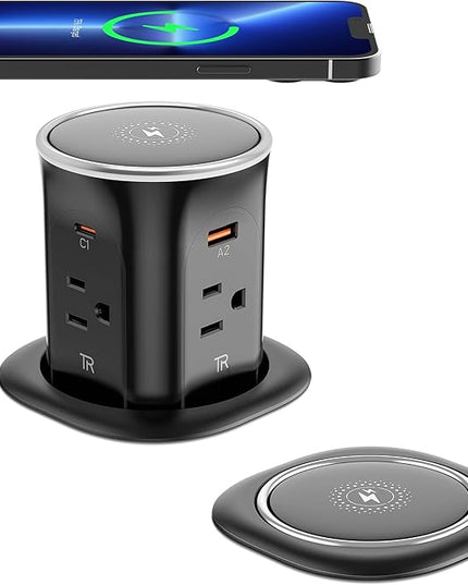Jgstkcity Pop Up Outlet for Countertop 3.15-inch Desk Wire Hole Insert,9-in-1 Power Strip with 15W Wireless Charger,4 Outlets 4 USB Ports,15Amp Tamper Resistant Receptacle, ETL Listed (Black)