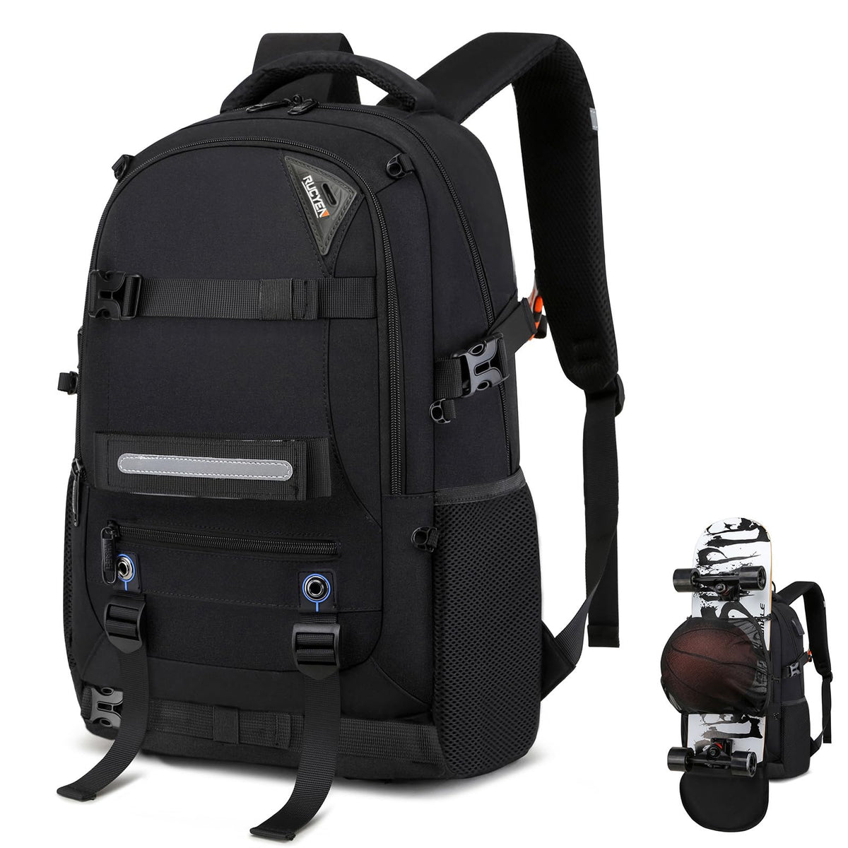 RUCYEN Skateboard Backpack, Laptop Backpack, Hidden Mesh and Anti-Theft Pockets, Waterproof Fabric, Fits up to 15.6 Inch Laptop, for Business Travel Men Women(Black)