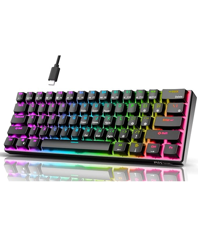 RK ROYAL KLUDGE RK61 Wired 60% Mechanical Gaming Keyboard Programmable QMK/VIA RGB Backlit 61 Keys Ultra-Compact Hot Swappable Red Switch Black