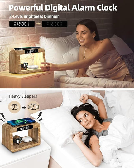 Bamboo Wireless Charging Station,Wireless Charger with Clock & Light,Fast Charger Stand Compatible with iPhone17/16/15/14/13/12/11 Pro Max/X/Xs/AirPods 4/3/AirPods Pro3/2/1, Apple Watch Series