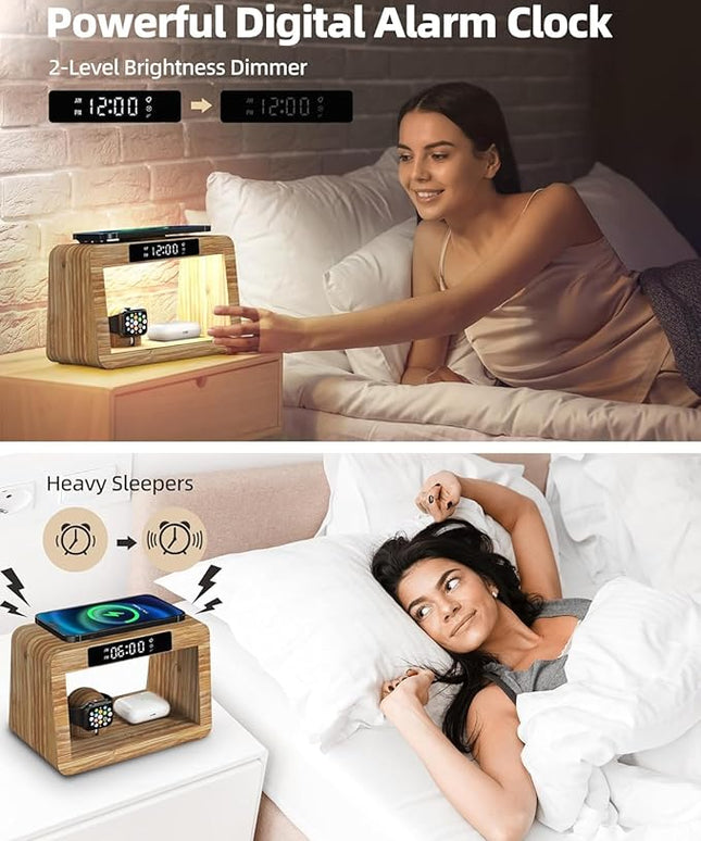 Bamboo Wireless Charging Station,Wireless Charger with Clock & Light,Fast Charger Stand Compatible with iPhone17/16/15/14/13/12/11 Pro Max/X/Xs/AirPods 4/3/AirPods Pro3/2/1, Apple Watch Series