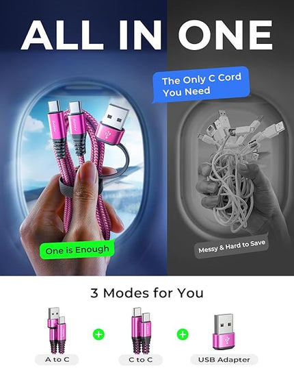 AINOPE USB C to USB C Cable, 10 FT USB C Cable Fast Charging with USB to USB C Adapter, 60W USB to USBC Cable for iPhone 17 Pro Max Air Type C Cable for iPhone 16/15/14/13/12, Magenta