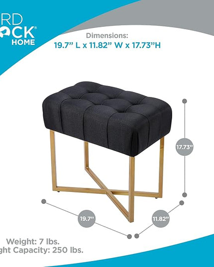 BIRDROCK HOME Rectangular Tufted Foot Stool Ottoman with Soft Padded Cushion - Versatile Vanity Chair for Bedroom, Living Room, Bathroom - Compact Seating for Adults - Black with Pale Gold Metal Legs