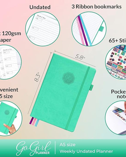 GoGirl Planner and Organizer for Women – A5 Size Weekly Planner, Goals Journal & Agenda to Improve Time Management, Productivity & Live Happier. Undated – Start Anytime, Lasts 1 Year – Emerald