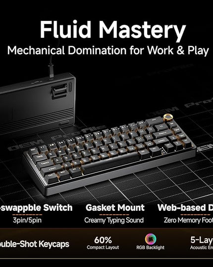 DIERYA DK68E 60% Mechanical Gaming Keyboard, Hot Swappable, Pre-Lubed Linear Switches, Gasket Mount, 5-Layer Dampening Foam, Programmable, Volume Knob, RGB Backlit, 68 Keys, Wired, Black